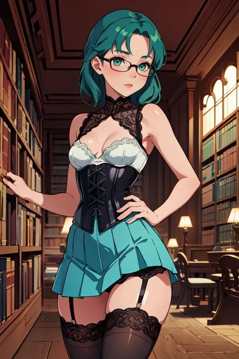 (best quality),(masterpiece),1girl,small breasts,small hips,green eyes,blue hair,black corset,lace skirt,garter belt,black legwear,old library,glasses,scenery,<lora:GoodHands-beta2:1>,