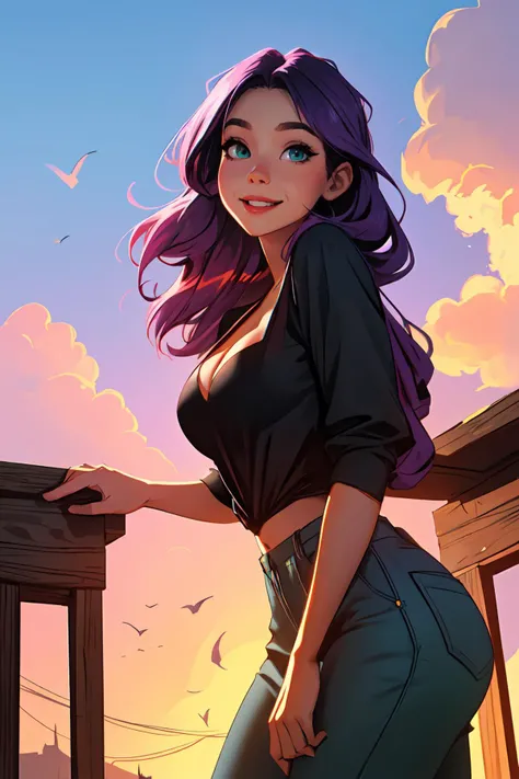 (masterpiece:1.2),(best quality:1.2),perfect eyes,perfect face,volumetric lighting,1girl,mature female,MILF,streetwear,urban style,(Shrek Green :1.1) blouse showing a beautiful cleavage,pants,long detachedlight purple hair,colorful streaks,intricate hairdo,smiling,happy,Chisinau,dark theme,sunset,clouds,detailed background,intricate,high quality,best quality,high resolution,pixiv,sciamano240,artgerm,,<lora:sam_yang_offset_right_filesize:0.8>,<lora:GoodHands-beta2:1>