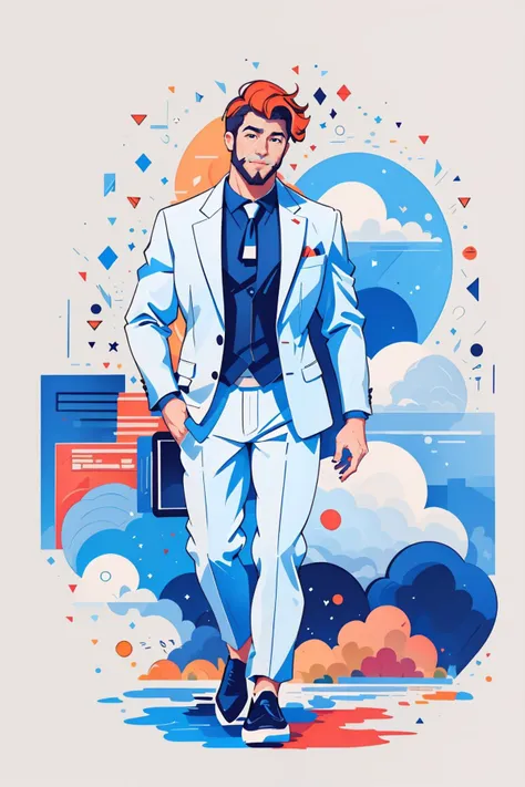 Masterpiece, High quality, RAW,  realistic body proportion, a muscular businessman is smiling to the camera, muscular,  beard, detailed, office suit, formal suit, office outfit, pants, volumetric light, dramatic lighting, backlight, <lora:T-shirt-08:1> tshirt design, simple white background, plan background, an office, laptop, books <lora:white_background:1> white background, full body, coral, flat color  <lora:flat_illustration:1>