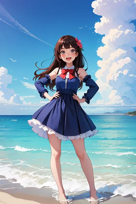 masterpiece,best quality,dramatic, 1girl, solo, long hair, brown hair, detached sleeves, open mouth, smile, outdoors, water, sky, day, hand on hip, hair ornament, pointing, cloud, ocean, dress, blush, blue dress, wading, blue sky, bow, standing, :d, frills, beach, bangs, barefoot, hair flower, skirt, ^_^, facing viewer, bowtie, teeth,scenery,<lora:GoodHands-beta2:0.8>