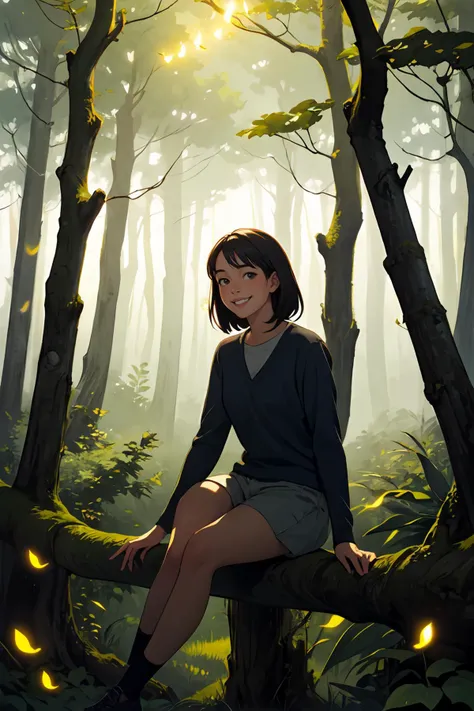 1 woman sitting on a tree smile fog, forest, fireflies Andrew Wyeth,masterpiece, best quality, dramatic lighting, best shadow,scenery,<lora:GoodHands-beta2:1>