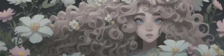 long fluffy wavy hair, (beautiful face freckles:1.1), curly hair entangled with flora and( flowers:1.3), dreamlike beauty, soft eyes, vivid matte palette,
