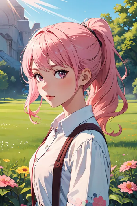 masterpiece, best quality,1girl,wavy hair,looking at viewer,upper body,suspenders,floral print,ponytail,pink hair,sunlight,scenery,<lora:GoodHands-beta2:1>