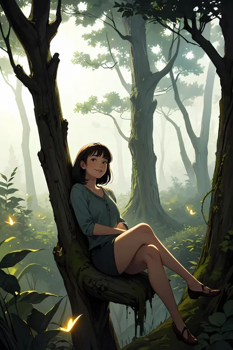 1 woman sitting on a tree smile fog, forest, fireflies Andrew Wyeth (masterpiece ) (best quality) (dramatic lighting, best shadow),scenery,<lora:GoodHands-beta2:1>