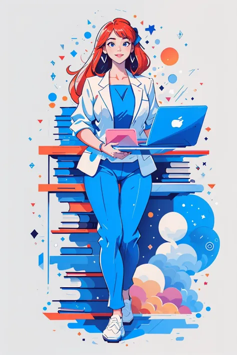 Masterpiece, High quality, RAW,  realistic body proportion, a beautiful businesswoman is smiling to the camera, detailed, office suit, formal suit, office outfit, beautiful face, pants, volumetric light, dramatic lighting, backlight, <lora:T-shirt-08:1> tshirt design, simple white background, plan background, an office, laptop, books <lora:white_background:1> white background, full body, coral, flat color  <lora:flat_illustration:1>