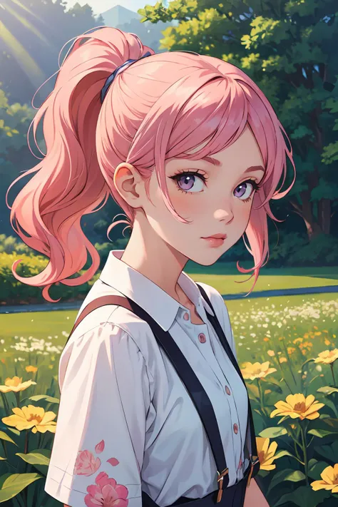 masterpiece, best quality,1girl,wavy hair,looking at viewer,upper body,suspenders,floral print,ponytail,pink hair,sunlight,scenery,<lora:GoodHands-beta2:1>