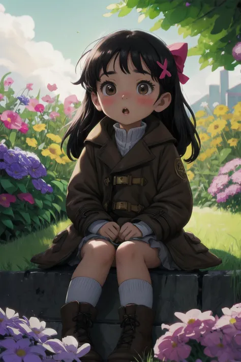 (original,masterpiece,best quality,absurdres,picturesque,aesthetic, ultra detailed background),(intricately detailed),(detailed skin texture,subsurface scattering:1.18),perfect correct anatomy body,perfect correct anatomy hands,(age regression, age down,child:1.4),(dynamic standing pose:0.3),(dynamic angle shot:0.28),front view,
(outdoors illustration of littlld \(med )in (charming summer garden and brown coat dress is playing among the colorful flowers),(brown coat dress is happily picking flowers, white socks, brow boots)):1.25,(round face,chubby cheeks,small chin,small nose,parted lips,small mouth,black hair),(long hair,fluffy hair,hair ornament,hair bows,shy,:o,surprised, looking away),
(obscure light and shadow,soft shadow,chromatic aberration,ambient occlusion,continuous lighting,golden ratio:1.15)