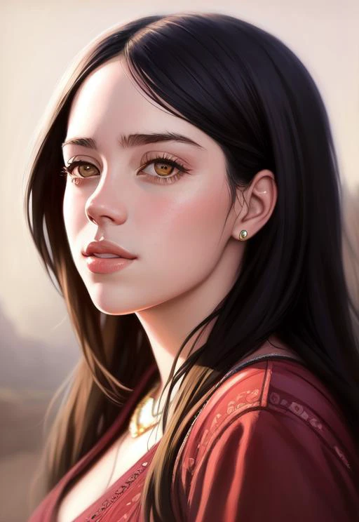 (portrait:1.1) photo of the most beautiful artwork in the world featuring Billie-Eilish-Embedding, smiling, heart professional majestic oil painting by Ed Blinkey, Atey Ghailan, Studio Ghibli, by Jeremy Mann, Greg Manchess, Antonio Moro, trending on ArtStation, trending on CGSociety, Intricate, High Detail, Sharp focus, dramatic, photorealistic painting art by midjourney and greg rutkowski
