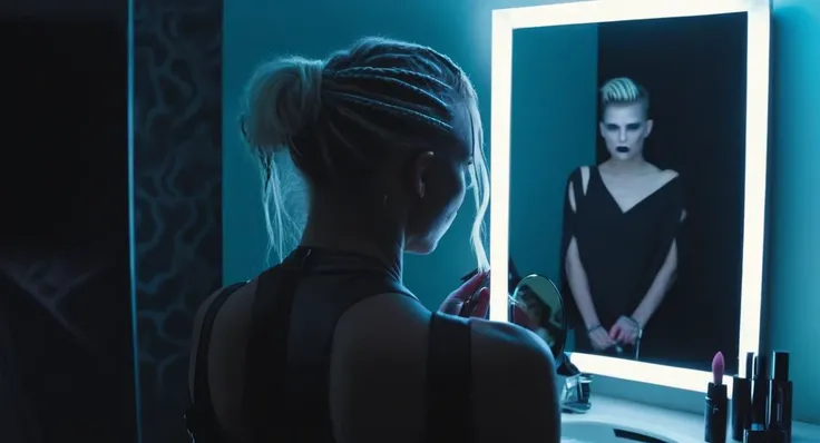cinematic shot of a cyberpunk woman putting makeup on in front of a mirror, frame in a frame, wide shot, over-the-shoulder
<lora:FIAF_Frame-In-A-Frame:1>