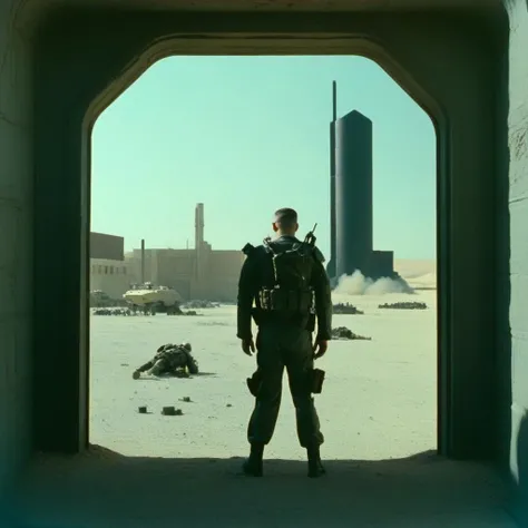 wide shot of a cyberpunk man
fiaf, frame in a frame, military, war zone, frame in a frame, clean single, wide shot, exterior, day, Stanley Kubrick, Arriflex 35 BL
<lora:FIAF_Frame-In-A-Frame:1.0>