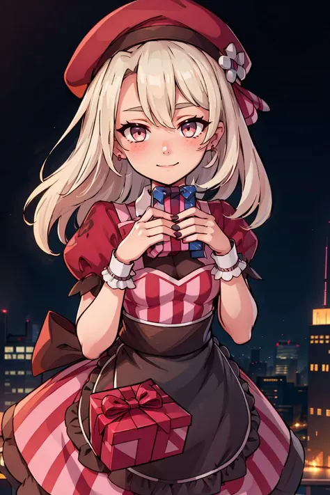 (masterpiece, best quality:1.2), solo, beautiful eyes, <lora:Palentines_2022:0.6>, smile, looking at viewer,
aaillya, long hair, beret, small breasts, <lora:illyasviel_von_einzbern_(fate_kaleid_liner)_v1:0.7>, red eyes,
blush, box, closed mouth, commentary request, creatures (company), dress, earrings, eyelashes, game freak, gift, gift box, holding, holding gift, jewelry, looking at viewer, nail polish, nintendo, pink dress, red shirt, shirt, short sleeves, waist apron, wrist cuffs