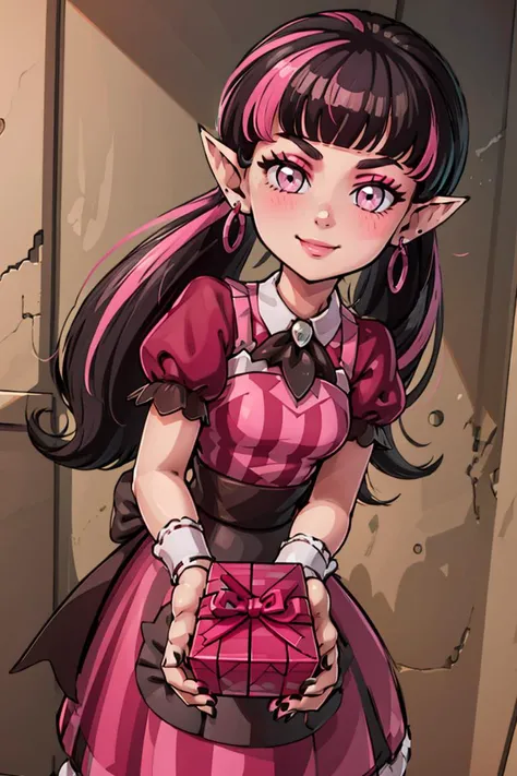 <lora:Toriyama_Akira_Style:0.5>,
(masterpiece, best quality:1.2), solo, beautiful eyes, <lora:Palentines_2022:0.6>, smile, looking at viewer,
<lora:Draculaura_Anime:0.8>, Draculaura_MH, pink top, black hair, pink hair, multicolored hair, pointy ears, pink eyes,
blush, box, closed mouth, commentary request, creatures (company), dress, earrings, eyelashes, game freak, gift, gift box, holding, holding gift, jewelry, looking at viewer, nail polish, nintendo, pink dress, red shirt, shirt, short sleeves, waist apron, wrist cuffs