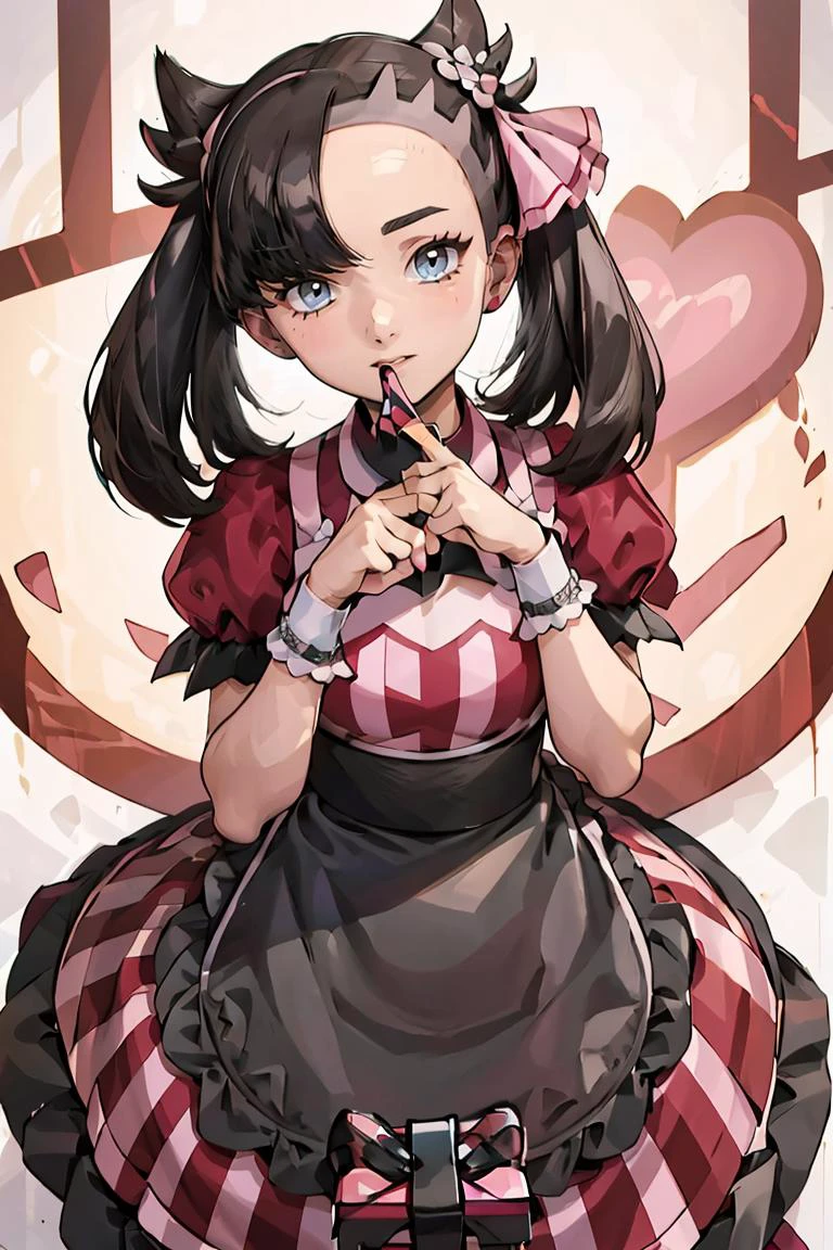 (masterpiece, best quality), 1girl, <lora:Palentines_2022:0.8> marnie (palentines 2022) (pokemon), marnie (pokemon),, bea (palentines 2022) (pokemon), bea (pokemon), , pink dress, pokemon, pokemon masters ex, red shirt, shirt, short sleeves, waist apron, wrist cuffs, gift, gift box,
