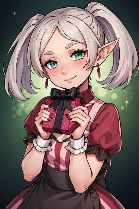 (masterpiece, best quality:1.2), solo,  beautiful eyes, <lora:Palentines_2022:0.6>,   smile, looking at viewer, 
 aafrie, long hair, white hair, twintails, pointy ears, earrings, green eyes, thick eyebrows, <lora:frieren_v1:0.7>,
 blush, box, closed mouth, commentary request, creatures (company), dress, earrings, eyelashes, game freak, gift, gift box,  holding, holding gift, jewelry, looking at viewer, nail polish, nintendo, pink dress, red shirt, shirt, short sleeves, waist apron, wrist cuffs