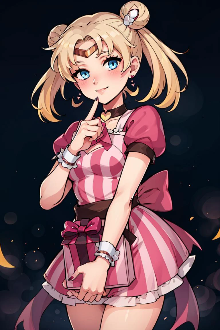 (masterpiece, best quality:1.2), solo, beautiful eyes, <lora:Palentines_2022:0.6>, smile, looking at viewer,
aausagi, double bun, twintails, parted bangs, circlet, jewelry, earrings, choker, <lora:sailor_moon_v1:0.7>,
blush, box, closed mouth, commentary request, creatures (company), dress, earrings, eyelashes, game freak, gift, gift box, holding, holding gift, jewelry, looking at viewer, nail polish, nintendo, pink dress, red shirt, shirt, short sleeves, waist apron, wrist cuffs