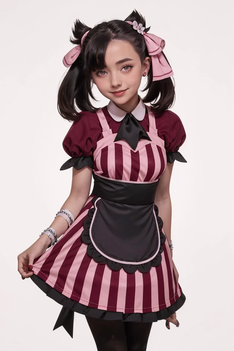 (masterpiece, best quality:1.2), solo,
beautiful eyes,
<lora:Palentines_2022:0.8>,
smile, looking at viewer,
apron, blush, box, creatures (company), dress, earrings, flower, game freak, hair flower, hair ornament, hair ribbon, heart-shaped box, highres, holding, jewelry, l4wless, marnie (palentines 2022) (pokemon), marnie (pokemon), nail polish, nintendo, pantyhose, pink ribbon, pokemon, pokemon masters ex, ribbon, simple background, twintails, valentine, waist apron, wrist cuffs