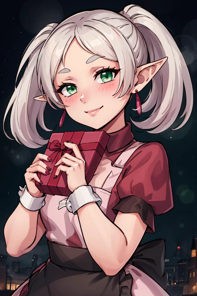 (masterpiece, best quality:1.2), solo, beautiful eyes, <lora:Palentines_2022:0.6>, smile, looking at viewer,
aafrie, long hair, white hair, twintails, pointy ears, earrings, green eyes, thick eyebrows, <lora:frieren_v1:0.7>,
blush, box, closed mouth, commentary request, creatures (company), dress, earrings, eyelashes, game freak, gift, gift box, holding, holding gift, jewelry, looking at viewer, nail polish, nintendo, pink dress, red shirt, shirt, short sleeves, waist apron, wrist cuffs