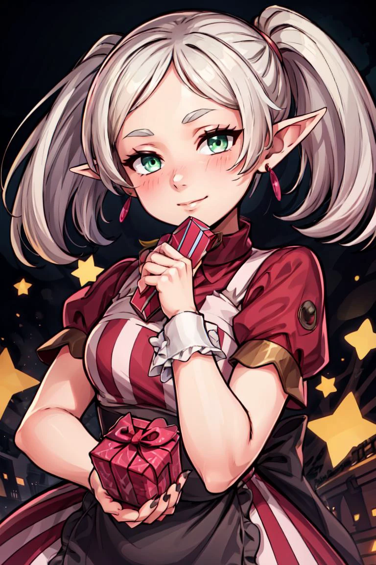 (masterpiece, best quality:1.2), solo, beautiful eyes, <lora:Palentines_2022:0.6>, smile, looking at viewer,
aafrie, long hair, white hair, twintails, pointy ears, earrings, green eyes, thick eyebrows, <lora:frieren_v1:0.7>,
blush, box, closed mouth, commentary request, creatures (company), dress, earrings, eyelashes, game freak, gift, gift box, holding, holding gift, jewelry, looking at viewer, nail polish, nintendo, pink dress, red shirt, shirt, short sleeves, waist apron, wrist cuffs