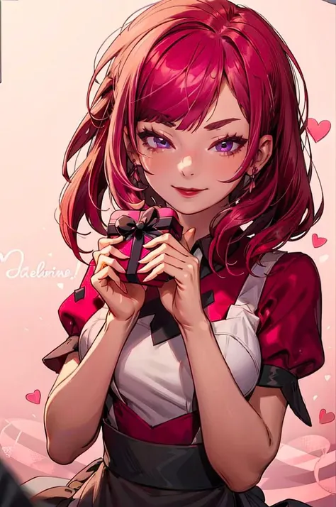 <lora:Palentines_2022:0.5>  pink dress, pokemon, pokemon masters ex, red shirt, shirt, short sleeves, waist apron, wrist cuffs, gift, gift box, full-face blush, pink background, heart background, hearts, holding gift, happy valentine, valentine, (red hair:1.35),, ultra detailed, masterpiece, best quality, aesthetic, detailed,, solo, seductive smile, red lips,
1girl, purple eyes, red hair, blunt bangs, medium breasts, <lora:hair_rings:1> low hair rings, <lora:EllaNyan:1>,