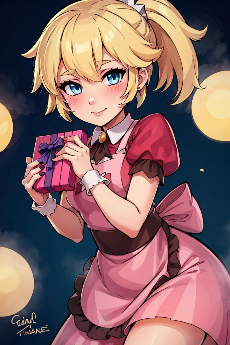 (masterpiece, best quality:1.2), solo, beautiful eyes, <lora:Palentines_2022:0.6>, smile, looking at viewer, <lora:princesspeach-lora-nochekaiser:1>, princess peach, long hair, blonde hair, blue eyes, blush, box, closed mouth, commentary request, creatures (company), dress, earrings, eyelashes, game freak, gift, gift box, holding, holding gift, jewelry, looking at viewer, nail polish, nintendo, pink dress, red shirt, shirt, short sleeves, waist apron, wrist cuffs