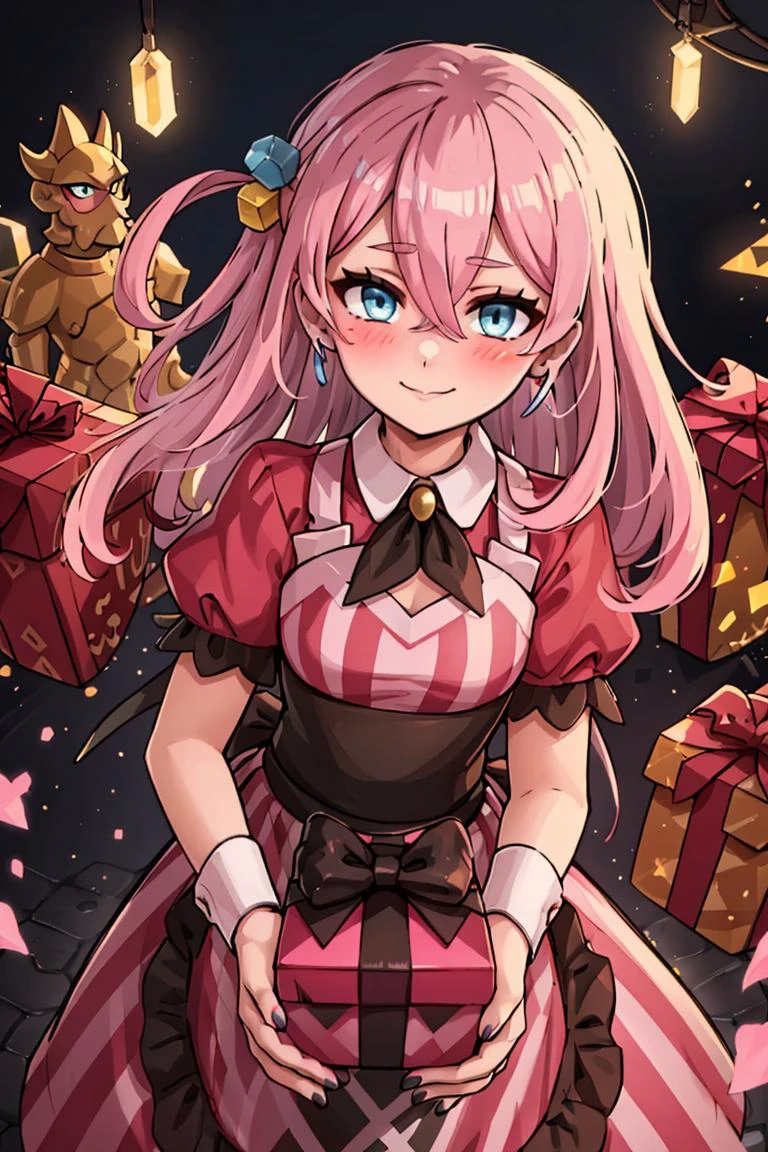 (masterpiece, best quality:1.2), solo, beautiful eyes, <lora:Palentines_2022:0.6>, smile, looking at viewer,
gotou1, gotou hitori, solo, bangs, hair between eyes, <lora:gotou_hitori_v1:0.7>, pink hair,
blush, box, closed mouth, commentary request, creatures (company), dress, earrings, eyelashes, game freak, gift, gift box, holding, holding gift, jewelry, looking at viewer, nail polish, nintendo, pink dress, red shirt, shirt, short sleeves, waist apron, wrist cuffs