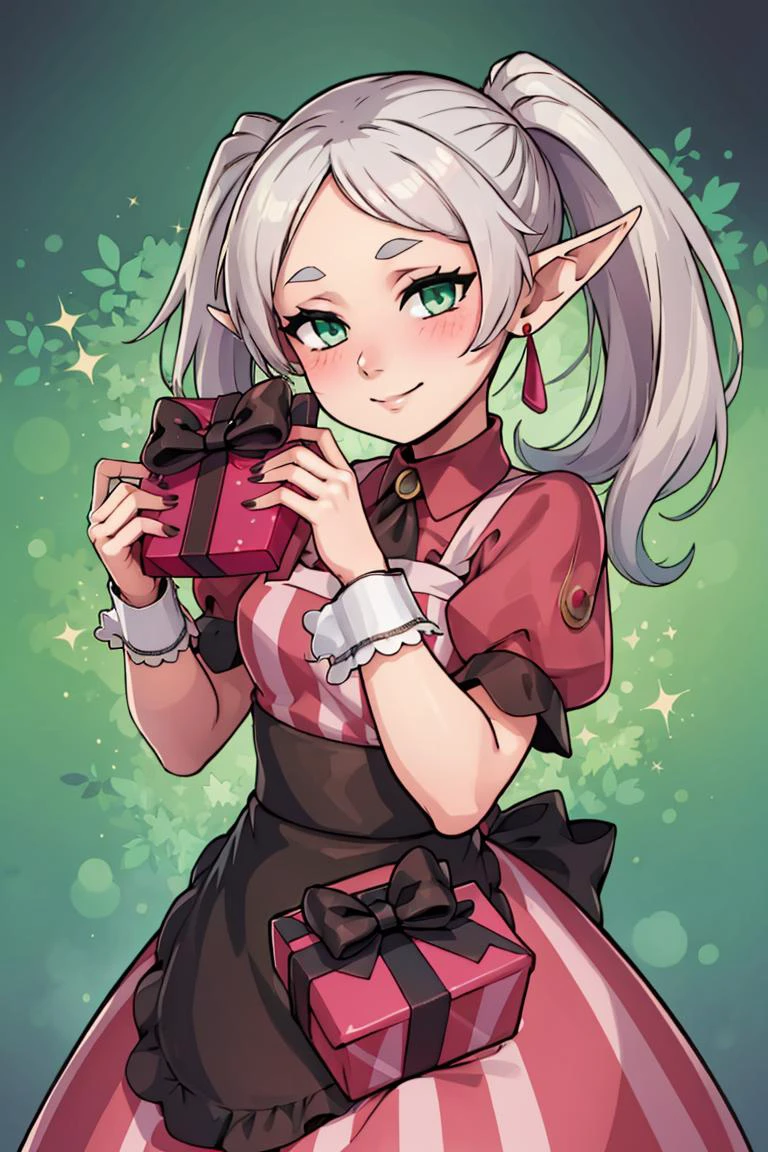 (masterpiece, best quality:1.2), solo, beautiful eyes, <lora:Palentines_2022:0.6>, smile, looking at viewer,
aafrie, long hair, white hair, twintails, pointy ears, earrings, green eyes, thick eyebrows, <lora:frieren_v1:0.7>,
blush, box, closed mouth, commentary request, creatures (company), dress, earrings, eyelashes, game freak, gift, gift box, holding, holding gift, jewelry, looking at viewer, nail polish, nintendo, pink dress, red shirt, shirt, short sleeves, waist apron, wrist cuffs