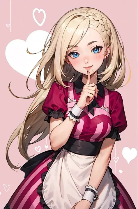 <lora:Palentines_2022:0.5>  pink dress, pokemon, pokemon masters ex, red shirt, shirt, short sleeves, waist apron, wrist cuffs, gift, gift box, full-face blush, pink background, heart background, hearts,, ultra detailed, masterpiece, best quality, aesthetic, detailed,, solo, soft smile, light smile,
katya1, 1girl, blue eyes, very long hair, blonde hair, long blonde hair, french braid, bangs, medium breasts,