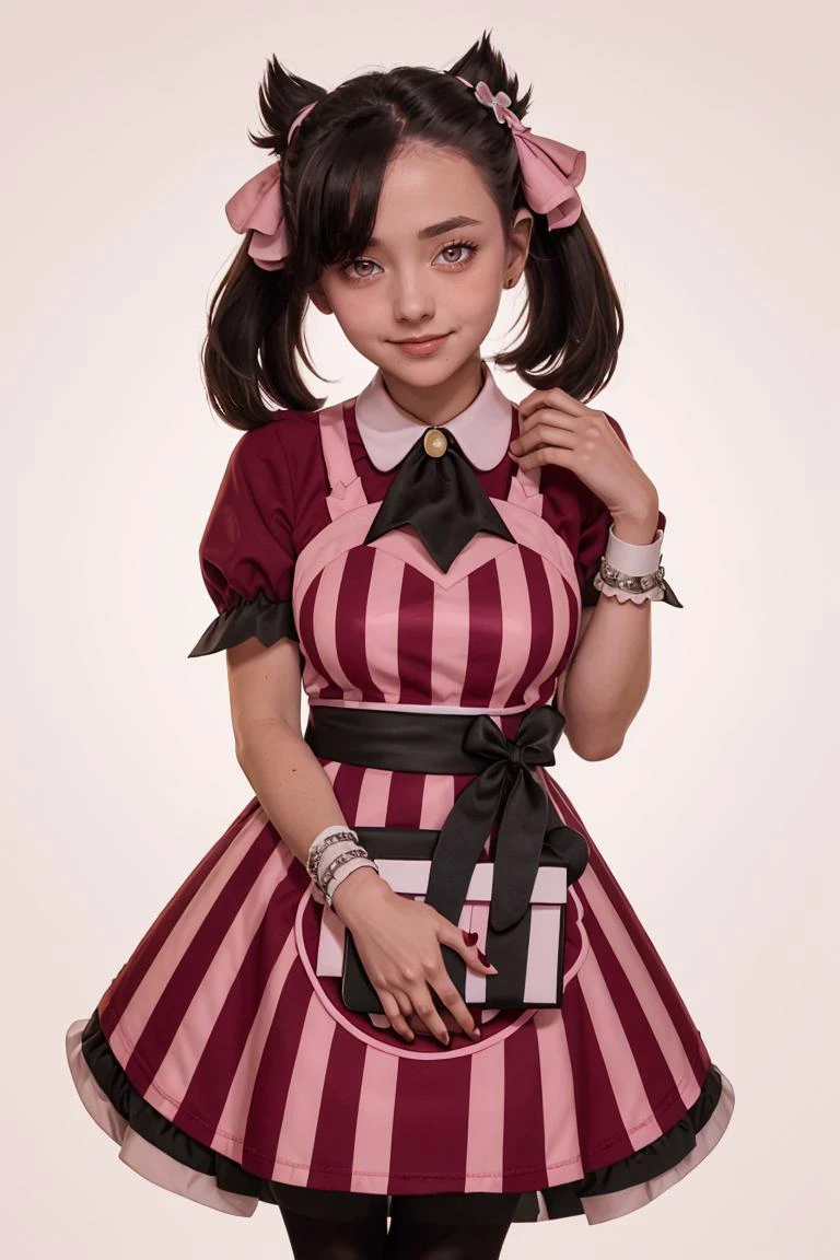 (masterpiece, best quality:1.2), solo,
beautiful eyes,
<lora:Palentines_2022:0.8>,
smile, looking at viewer,
apron, blush, box, creatures (company), dress, earrings, flower, game freak, hair flower, hair ornament, hair ribbon, heart-shaped box, highres, holding, jewelry, l4wless, marnie (palentines 2022) (pokemon), marnie (pokemon), nail polish, nintendo, pantyhose, pink ribbon, pokemon, pokemon masters ex, ribbon, simple background, twintails, valentine, waist apron, wrist cuffs