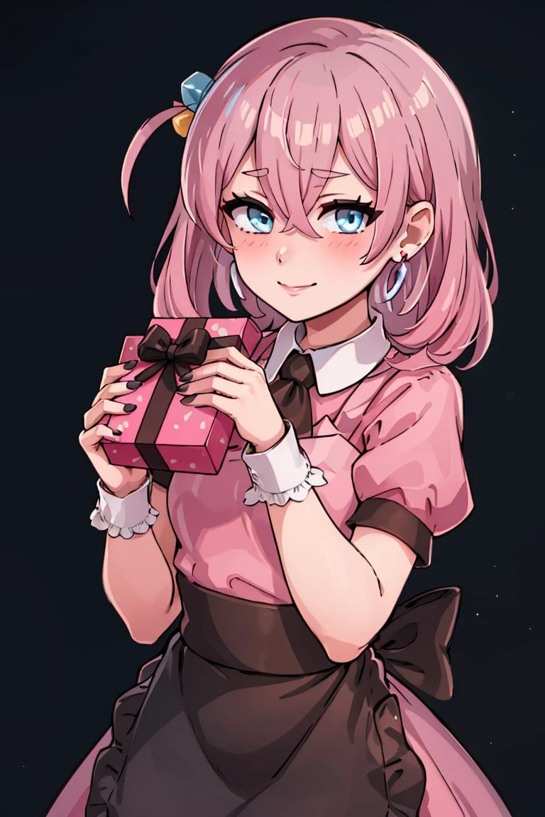 (masterpiece, best quality:1.2), solo, beautiful eyes, <lora:Palentines_2022:0.6>, smile, looking at viewer,
gotou1, gotou hitori, solo, bangs, hair between eyes, <lora:gotou_hitori_v1:0.7>, pink hair,
blush, box, closed mouth, commentary request, creatures (company), dress, earrings, eyelashes, game freak, gift, gift box, holding, holding gift, jewelry, looking at viewer, nail polish, nintendo, pink dress, red shirt, shirt, short sleeves, waist apron, wrist cuffs