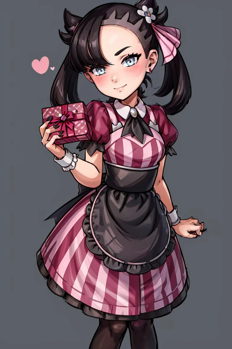 <lora:Toriyama_Akira_Style:0.5>,
((masterpiece,best quality)), absurdres,
<lora:Palentines_2022:0.8>,
solo, smile, looking at viewer,
apron, blush, box, creatures (company), dress, earrings, flower, game freak, hair flower, hair ornament, hair ribbon, heart-shaped box, highres, holding, jewelry, l4wless, marnie (palentines 2022) (pokemon), marnie (pokemon), nail polish, nintendo, pantyhose, pink ribbon, pokemon, pokemon masters ex, ribbon, simple background, twintails, valentine, waist apron, wrist cuffs, <lora:more_details:0.5>