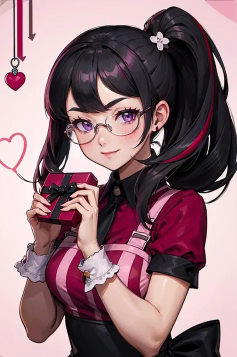 <lora:Palentines_2022:0.5> pink dress, pokemon, pokemon masters ex, red shirt, shirt, short sleeves, waist apron, wrist cuffs, gift, gift box, full-face blush, pink background, heart background, hearts, holding gift, happy valentine, valentine,, ultra detailed, masterpiece, best quality, aesthetic, detailed,, solo, smug smile, 1girl, purple eyes, red-framed eyewear, (black hair, red colored tips:1.2), red streaked hair, very long hair, side ponytail, tied hair, medium breasts,