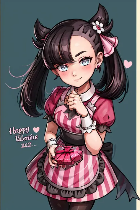 Happy Valentine, english text, 
<lora:Toriyama_Akira_Style:0.5>,
((masterpiece,best quality)), absurdres,
<lora:Palentines_2022:0.8>,
solo, smile, looking at viewer,
apron, blush, box, creatures (company), dress, earrings, flower, game freak, hair flower, hair ornament, hair ribbon, heart-shaped box, highres, holding, jewelry, l4wless, marnie (palentines 2022) (pokemon), marnie (pokemon), nail polish, nintendo, pantyhose, pink ribbon, pokemon, pokemon masters ex, ribbon, simple background, twintails, valentine, waist apron, wrist cuffs, <lora:more_details:0.5>
pink border, hearts background,