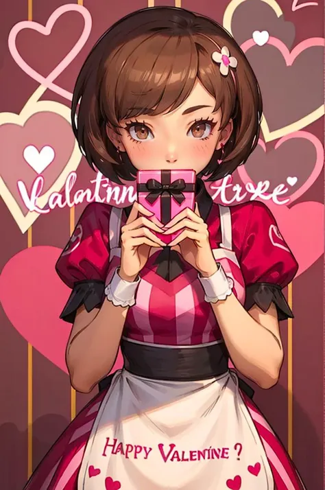 <lora:Palentines_2022:0.5> pink dress, pokemon, pokemon masters ex, red shirt, shirt, short sleeves, waist apron, wrist cuffs, gift, gift box, full-face blush, pink background, heart background, hearts, holding gift, happy valentine, valentine, <lora:zs_Chie:1> brown eyes, short brown hair, chiep4,, ultra detailed, masterpiece, best quality, aesthetic, detailed,