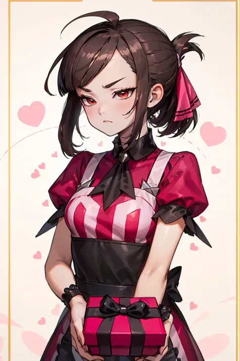 <lora:Palentines_2022:0.55> pink dress, pokemon, pokemon masters ex, red shirt, shirt, short sleeves, waist apron, wrist cuffs, gift, gift box, full-face blush, pink background, heart background, hearts, holding gift, happy valentine, valentine,, ultra detailed, masterpiece, best quality, aesthetic, detailed,, solo, frown,
1girl, red eyes, <lora:Tsurime3:1>, (tsurime:1.2), (brown hair:1.3), medium hair, (asymmetrical bangs, swept bangs, cowlick:1.35), flipped hair, <lora:foldedponytail:0.8> foldedponytail, folded ponytail, (small breasts:1.3),