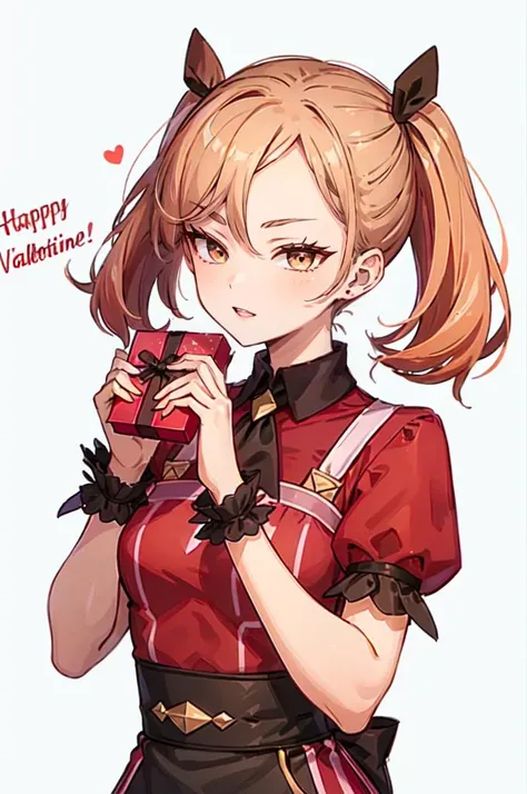 <lora:Palentines_2022:0.5> pink dress, pokemon, pokemon masters ex, red shirt, shirt, short sleeves, waist apron, wrist cuffs, gift, gift box, full-face blush, pink background, heart background, hearts, holding gift, happy valentine, valentine, (orange hair:1.3),, ultra detailed, masterpiece, best quality, aesthetic, detailed,, solo, 1girl, red hair, orange eyes, amber eyes, swept bangs, parted bangs, <lora:LowTwintailsHelper:1> low twintails,
short hair, medium hair, small breasts, <lora:Tsurime3:1>, (tsurime:1.2),