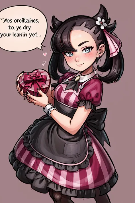 Happy Valentine, english text,
<lora:Toriyama_Akira_Style:0.5>,
((masterpiece,best quality)), absurdres,
<lora:Palentines_2022:0.8>,
solo, smile, looking at viewer,
apron, blush, box, creatures (company), dress, earrings, flower, game freak, hair flower, hair ornament, hair ribbon, heart-shaped box, highres, holding, jewelry, l4wless, marnie (palentines 2022) (pokemon), marnie (pokemon), nail polish, nintendo, pantyhose, pink ribbon, pokemon, pokemon masters ex, ribbon, simple background, pink background, twintails, valentine, waist apron, wrist cuffs,