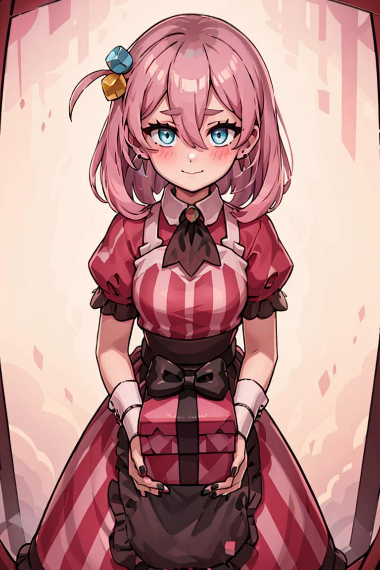 (masterpiece, best quality:1.2), solo, beautiful eyes, <lora:Palentines_2022:0.6>, smile, looking at viewer,
gotou1, gotou hitori, solo, bangs, hair between eyes, <lora:gotou_hitori_v1:0.7>, pink hair,
blush, box, closed mouth, commentary request, creatures (company), dress, earrings, eyelashes, game freak, gift, gift box, holding, holding gift, jewelry, looking at viewer, nail polish, nintendo, pink dress, red shirt, shirt, short sleeves, waist apron, wrist cuffs