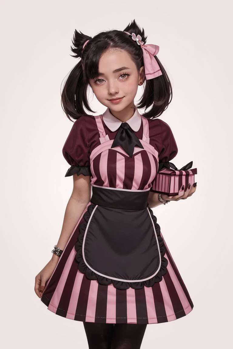 (masterpiece, best quality:1.2), solo,
beautiful eyes,
<lora:Palentines_2022:0.8>,
smile, looking at viewer,
apron, blush, box, creatures (company), dress, earrings, flower, game freak, hair flower, hair ornament, hair ribbon, heart-shaped box, highres, holding, jewelry, l4wless, marnie (palentines 2022) (pokemon), marnie (pokemon), nail polish, nintendo, pantyhose, pink ribbon, pokemon, pokemon masters ex, ribbon, simple background, twintails, valentine, waist apron, wrist cuffs