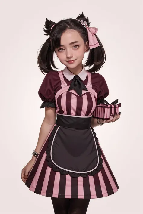 (masterpiece, best quality:1.2), solo, 
beautiful eyes, 
<lora:Palentines_2022:0.8>,
smile, looking at viewer,
apron, blush, box, creatures (company), dress, earrings, flower, game freak, hair flower, hair ornament, hair ribbon, heart-shaped box, highres, holding, jewelry, l4wless, marnie (palentines 2022) (pokemon), marnie (pokemon), nail polish, nintendo, pantyhose, pink ribbon, pokemon, pokemon masters ex, ribbon, simple background, twintails, valentine, waist apron, wrist cuffs