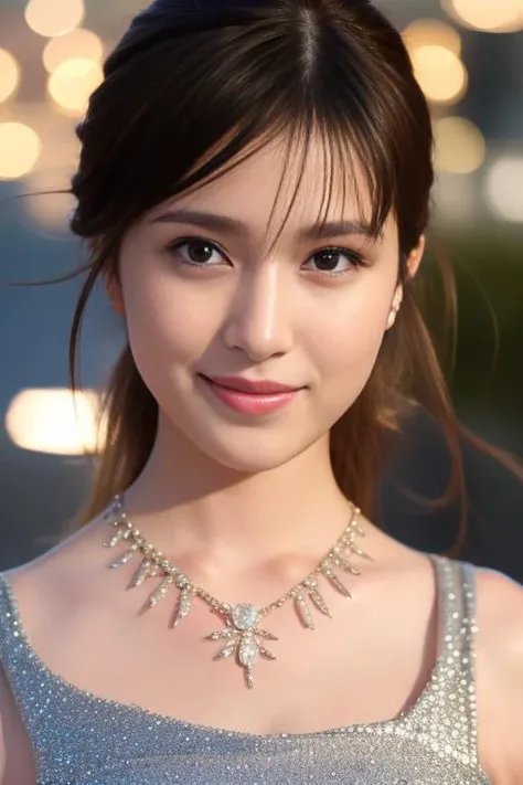 1girl,(wearing a sleeveless glittery evening dress:1.2),(RAW photo, best quality), (realistic, photo-realistic:1.4), masterpiece, an extremely delicate and beautiful, extremely detailed, 2k wallpaper, Amazing, finely detail, extremely detailed CG unity 8k wallpaper, ultra-detailed, highres, soft light, beautiful detailed girl, extremely detailed eyes and face, beautiful detailed nose, beautiful detailed eyes,cinematic lighting,city lights at night,perfect anatomy,slender body <lora:fukumotoriko_lora:0.8>,smiling,necklace,full body