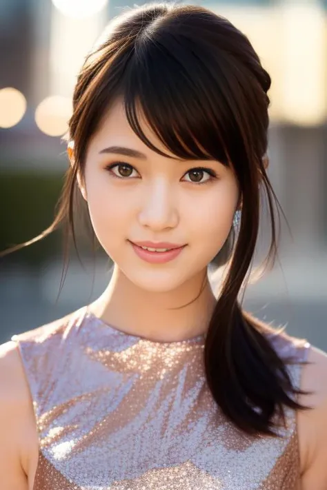 1girl,(wearing a sleeveless glittery evening dress:1.2),(RAW photo, best quality), (realistic, photo-realistic:1.4), masterpiece, an extremely delicate and beautiful, extremely detailed, 2k wallpaper, Amazing, finely detail, extremely detailed CG unity 8k wallpaper, ultra-detailed, highres, soft light, beautiful detailed girl, extremely detailed eyes and face, beautiful detailed nose, beautiful detailed eyes,cinematic lighting,city lights at night,perfect anatomy,slender body <lora:fukumotoriko_lora:0.8>,smiling