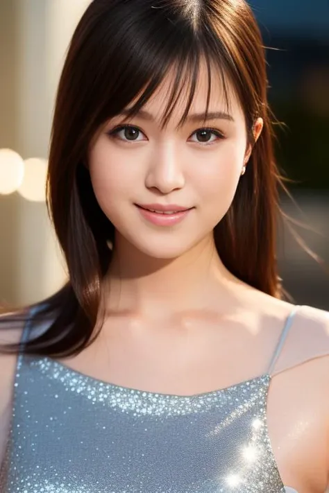 1 Girl, (Wearing a white glitter dress:1.2), (RAW Photos, Highest quality), (Realistic, Photorealistic:1.4), Tabletop, Very delicate and beautiful, Very detailed, 2k wallpaper, wonderful, finely, Very detailed CG Unity 8K wallpaper, Very detailedな, High resolution, Soft Light, Beautiful detailed girl, Very detailed目と顔, Beautiful and detailed nose, Finely beautiful eyes, Cinema Lighting, City lights at night, Perfect Anatomy, Slender body, smile