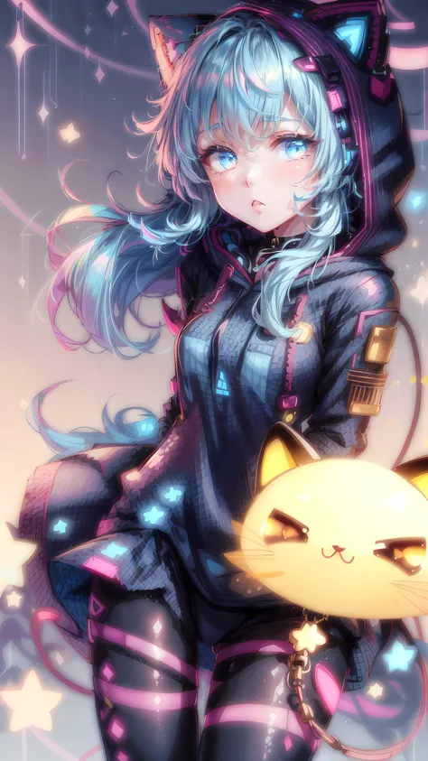 1girl, ganyu \(genshin impact\), long hair, hair blowing in the wind, (black and blue cyber hoodie:1.6), black and blue pantyhose, portrait, emotionless face, looks down, kawaiitech, pastel colors, kawaii, cute colors, <lora:KawaiiTech:1> <lora:add_detail:1> <lora:ganyu:1>