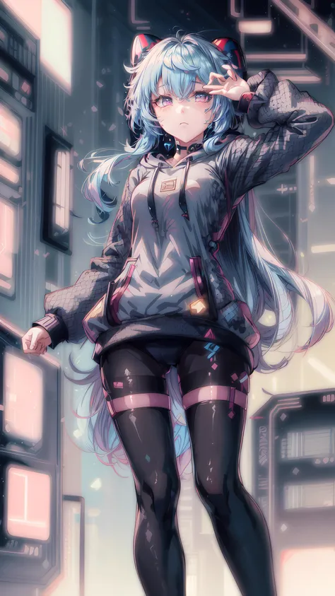 1girl, ganyu \(genshin impact\), long hair, hair blowing in the wind, (black cyber hoodie:1.6), black pantyhose, portrait, emotionless face, looks down, kawaiitech, pastel colors, kawaii, cute colors, <lora:KawaiiTech:1> <lora:add_detail:1> <lora:ganyu:1>