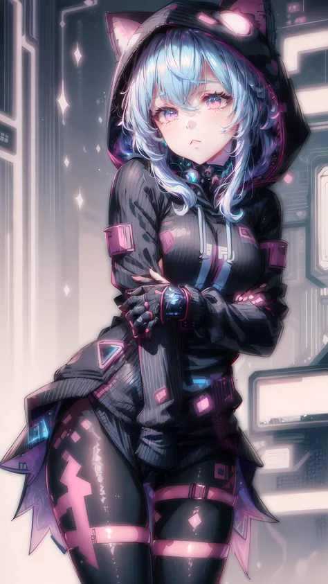 1girl, ganyu \(genshin impact\), long hair, hair blowing in the wind, (black cyber hoodie:1.6), black pantyhose, portrait, emotionless face, looks down, kawaiitech, pastel colors, kawaii, cute colors, <lora:KawaiiTech:1> <lora:add_detail:1> <lora:ganyu:1>