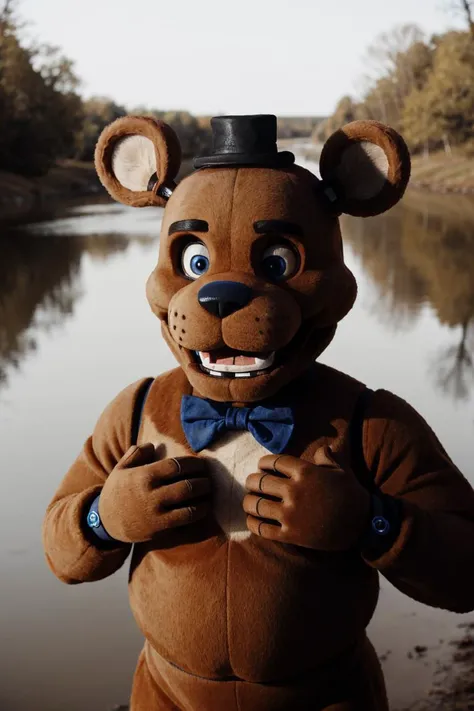 freddy fazbear,open mouth,blue eyes,furry,mini hat,animal ears,bowtie,<lora:FreddyFazbear1:0.5>, muddy river, cinematic, trending on Artstation