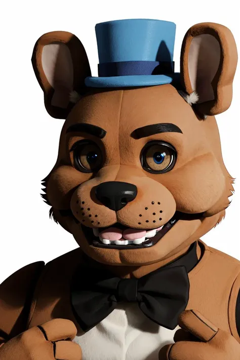 freddy fazbear,open mouth,blue eyes,furry,mini hat,animal ears,bowtie,<lora:FreddyFazbear1:0.5>,