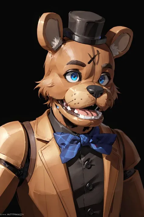 freddy fazbear,open mouth,blue eyes,furry,mini hat,animal ears,bowtie,<lora:FreddyFazbear1:0.5>, artstation, deviantart, FAN ART, Unreal Engine, face enhance,8K, golden ratio, cinematic lighting H 704
