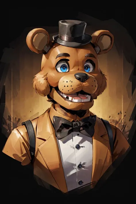 freddy fazbear,open mouth,blue eyes,furry,mini hat,animal ears,bowtie,<lora:FreddyFazbear1:0.5>, artstation, deviantart, FAN ART, Unreal Engine, face enhance,8K, golden ratio