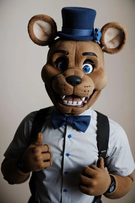freddy fazbear,open mouth,blue eyes,furry,mini hat,animal ears,bowtie,<lora:FreddyFazbear1:0.5>,